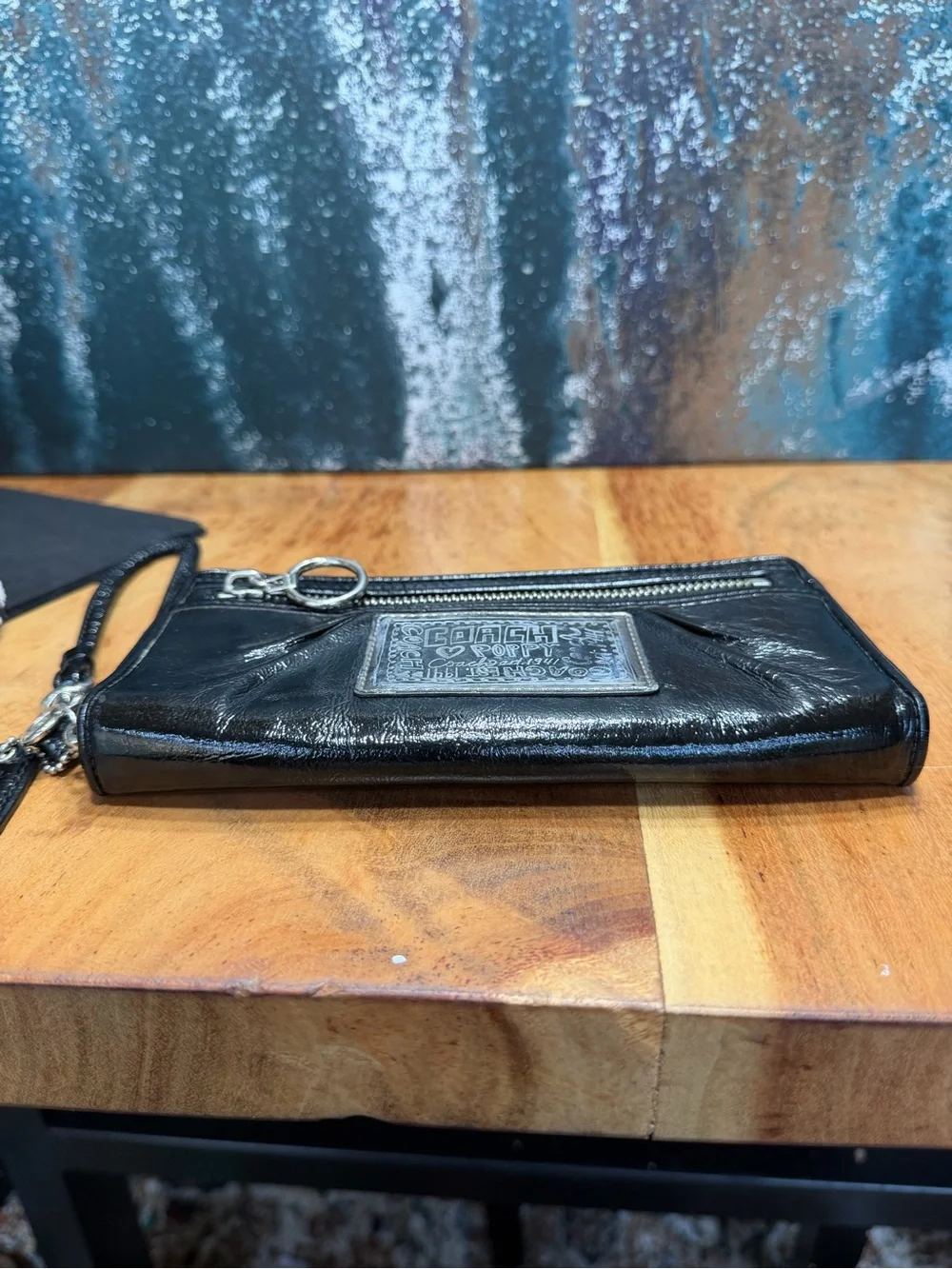 Coach Y2K Poppy Black Patent Leather Zip-Around Wallet Wristlet